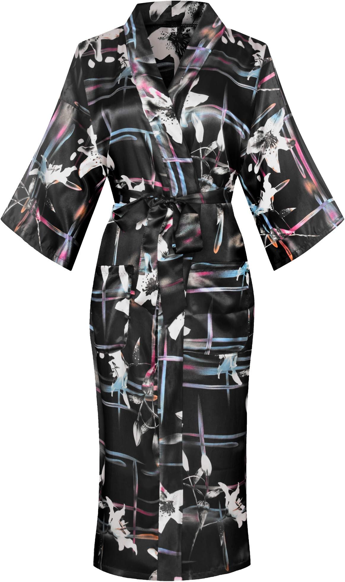 Valennia Women Long Silky Bathrobe Satin Kimono Robe Floral Printed Dressing Gown Sleepwear