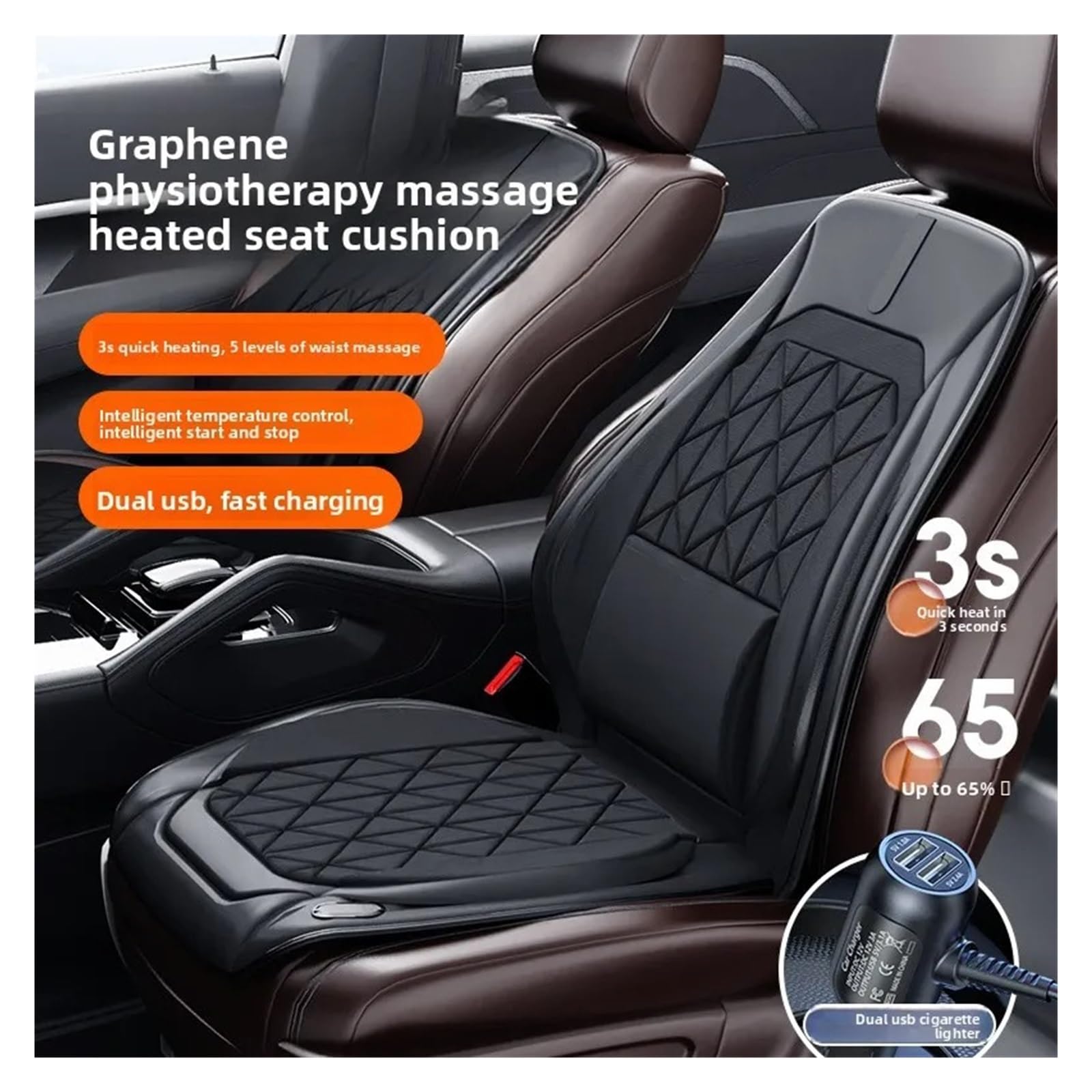 Lote Fundas Asientos Coche Cojín De Asiento con Calefacción Grafeno Soporte para La Cintura Invierno Funda Universal para Coche 12V Y 24V(Black Seat 24v)
