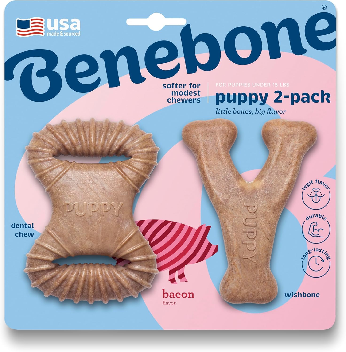 Benebone Marron Puppy Chew Toy Dental Chew-Wishbone Bacon