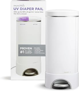 Munchkin® UV Diaper Pail #1 in Odor Control, LED UV Lights Kills 99% of Germs and Odor Causing Bacteria on Lid Surface, Includes 1 UV Refill Ring and 1 UV Snap, Seal & Toss Bag