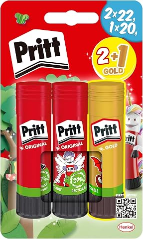 Pritt Stick Yapıştırıcı, 2+1 Simli ve Güvenli El işi Yapıştırıcısı, Hızlı ve Pratik Yapıştıran Okul ve Ofis Malzemesi, 2x22g+1x20g Pritt Stick Yapıştırıcı Sari