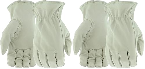 BOSS Guantes de trabajo de cuero de cerdo para hombre, resistentes al desgarro, pulgar Keystone, muñeca elástica fruncida, blanco, XL, (B83071-XL)