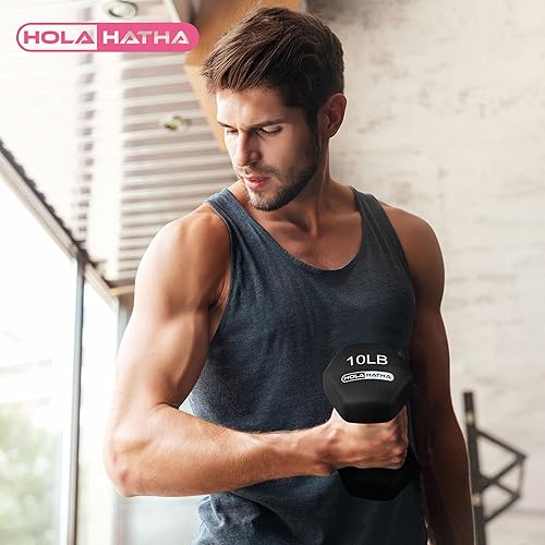 Miniatura 7 de HolaHatha Juego de mancuernas de neopreno de 2, 3, 5, 8 y 10 libras con estante, ideal para ejercicios en casa para ganar tono y definición, color