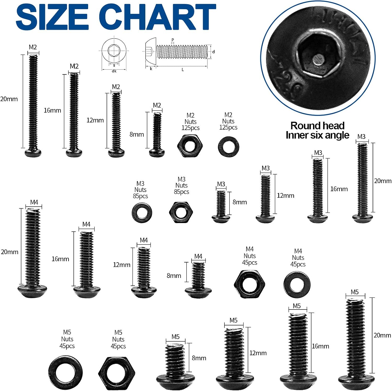 NINDEJIN 1060pcs 12.9 Grade Carbon Steel M2 M3 M4 M5 Metric Hex Socket Head Cap Bolts Screws Nuts Washers Assortment Kit with Hex Wrenches (Round Head Cap) - Image 3
