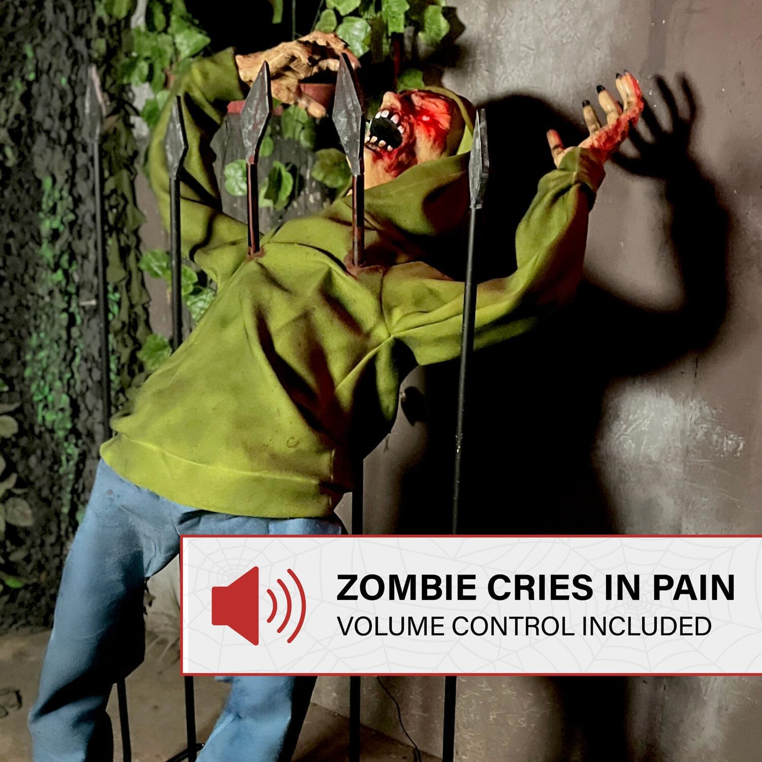 Haunted Hill Farm 4.4-Ft Animatronic Impaled Zombie, Halloween Animatronic, Creepy Party Decoration, Spooky Décor, Macabre Gift for Horror Movie Lovers, Voice-Activated Lights & Sound, Life-Size