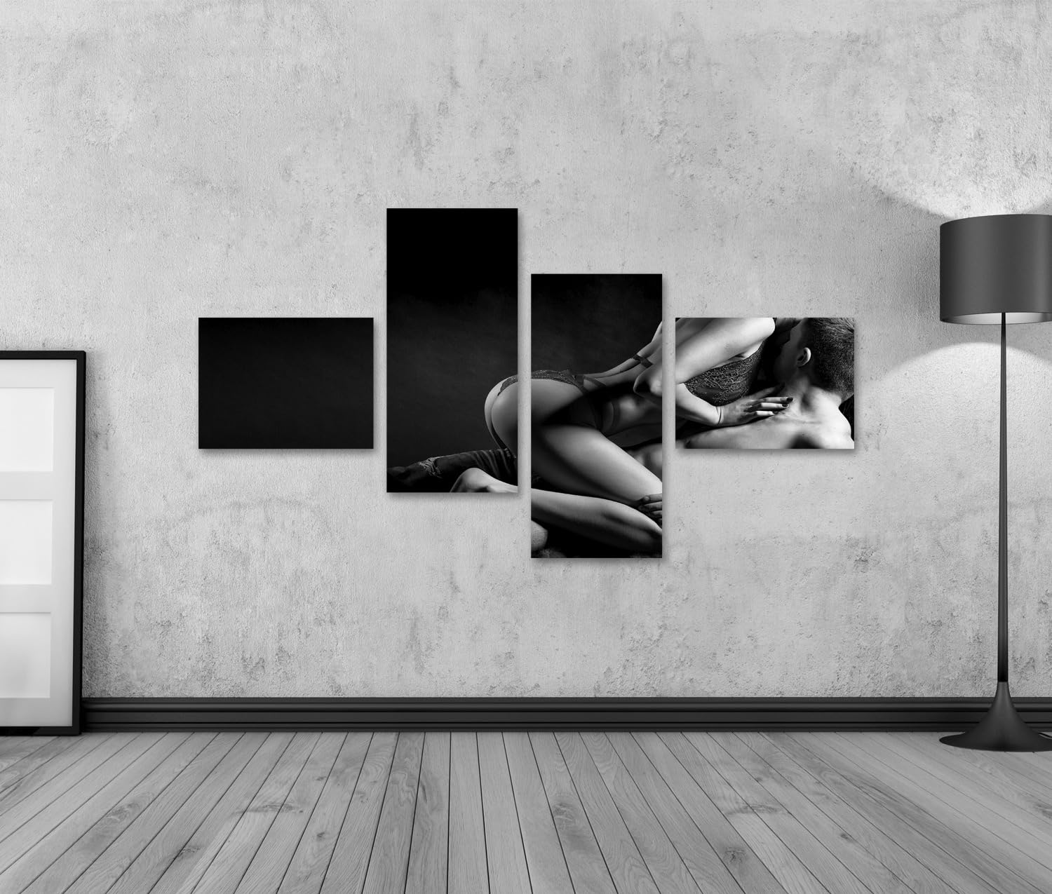 bilderfelix Quadro su tela Giovane coppia sexy nuda sensuale donna corpo dritto pizzo rosso - Tela 150x80 cm - 4 pannelli