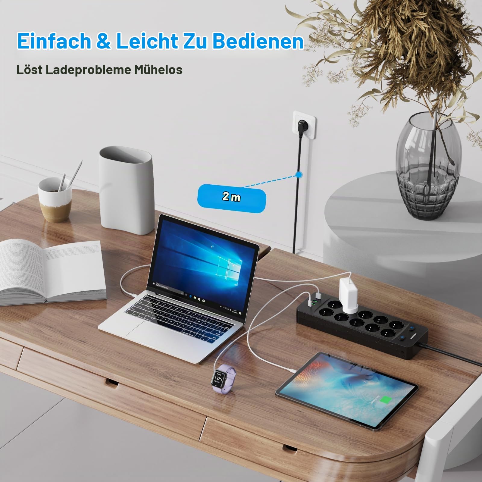 NVEESHOX 10 Fach Steckdosenleiste mit USB C 20W,5M Kabel Verteilersteckdose