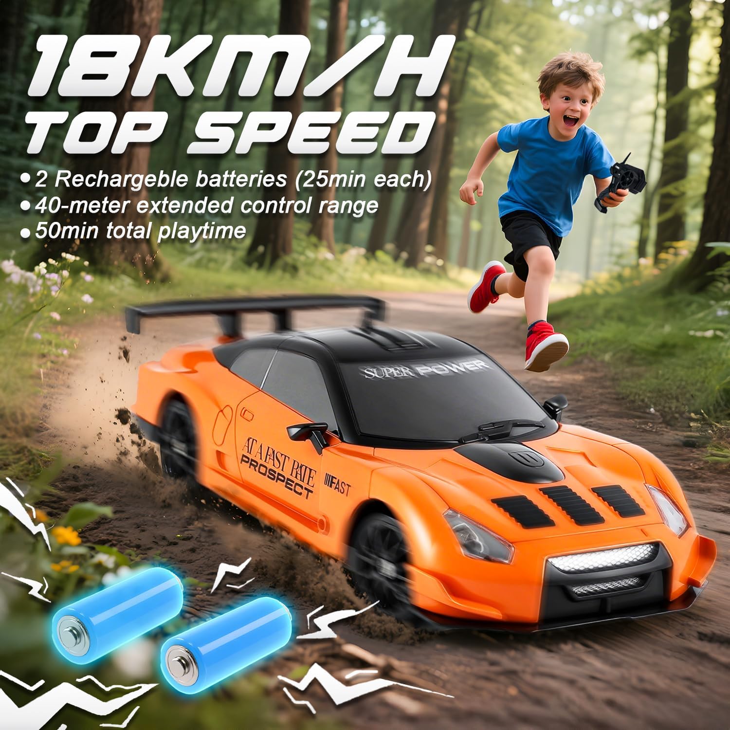 SANCO 1:24 RC Racing & Drift Car with LED Lights, 2.4GHz Remote Control Vehicle, Includes 2 Batteries & 2 Sets of Tires, Hobby Toy for Adults, Boys & Kids(Orange)