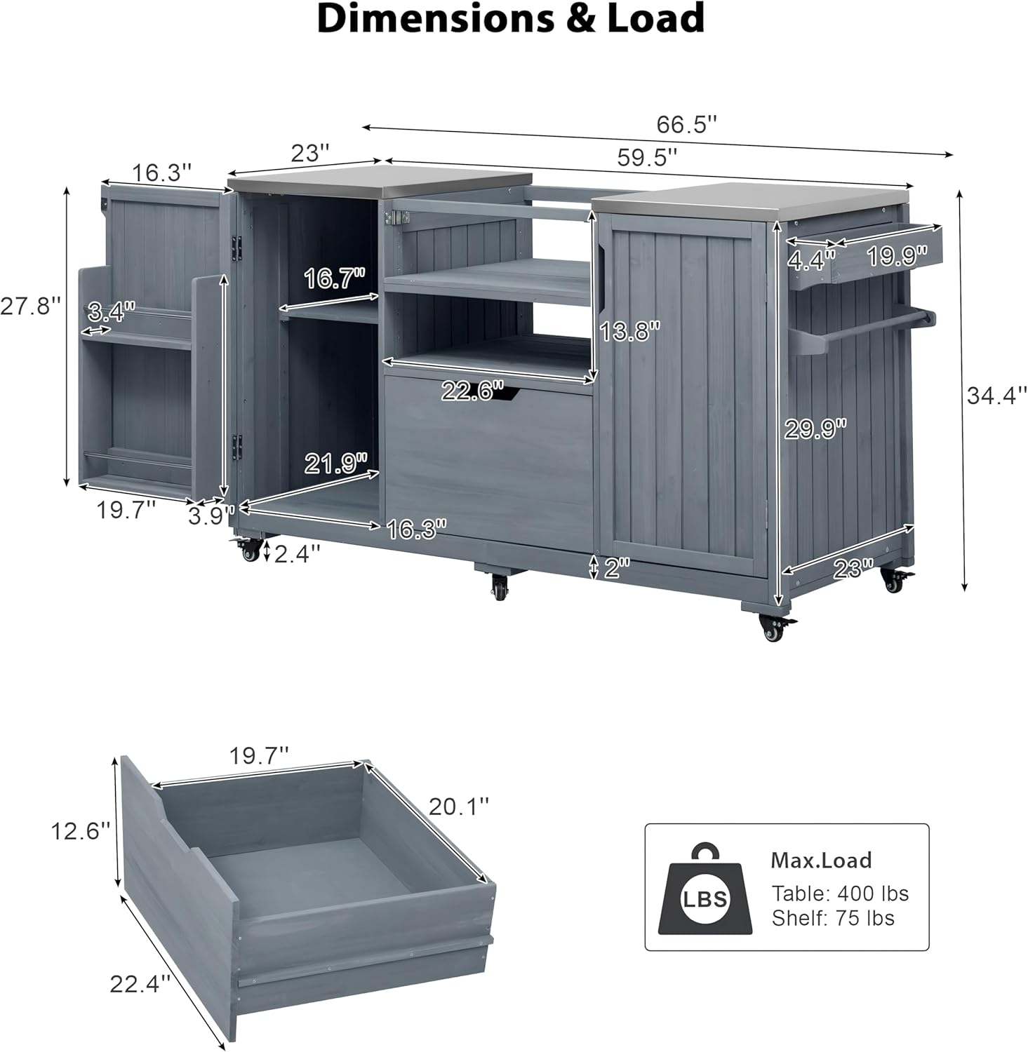 Retro 66.5" Outdoor Kitchen Island for Big Green Egg Grills, Solid Wood Outdoor Grill Cart for Tabletop Grill with Stainless Steel Top and Drawer,for Lawn Garden (Grey Blue#f)