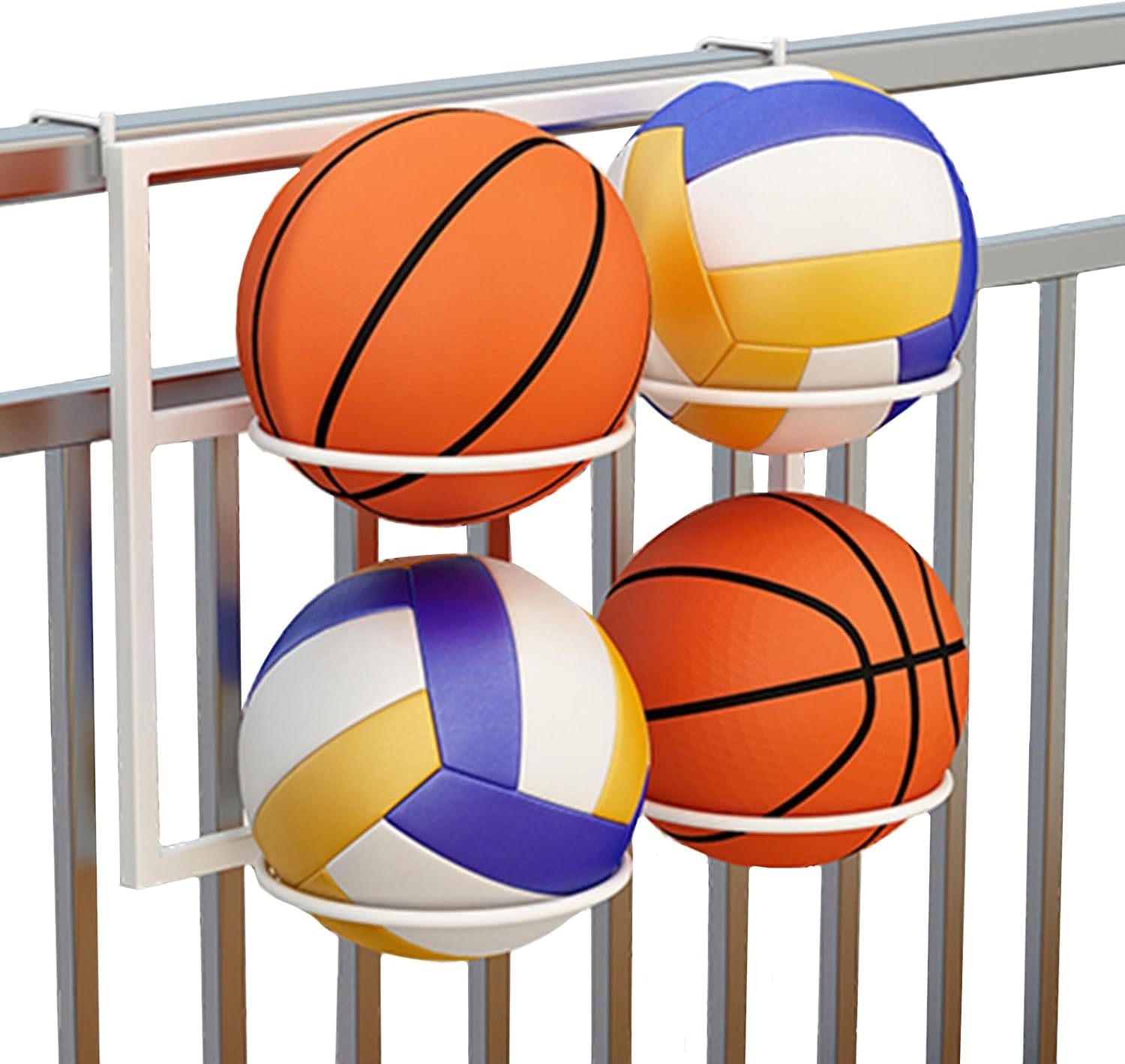 Sports Ball Organizer Holder Shelf Railing Ball Storage Rack with Extra Wide Hooks, Wall Foldable Organizer Holder for Balcony/Outdoor/Porch Basketball Display (White 4 Balls)