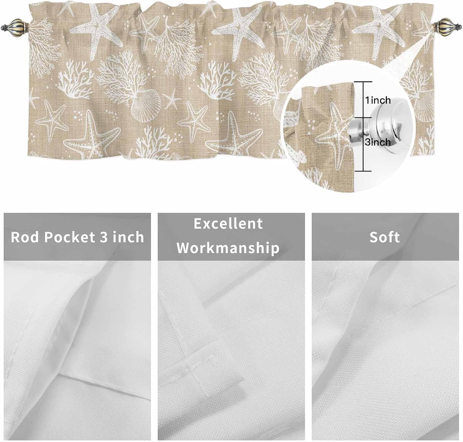 Rustic Coastal Valances for Windows Farmhouse Kitchen Curtains Valances Rod Pocket Valance Curtains for Windows Sea Nautical Summer Beach Starfish Coral Window Valance for Bedroom Bathroom 42"x18"