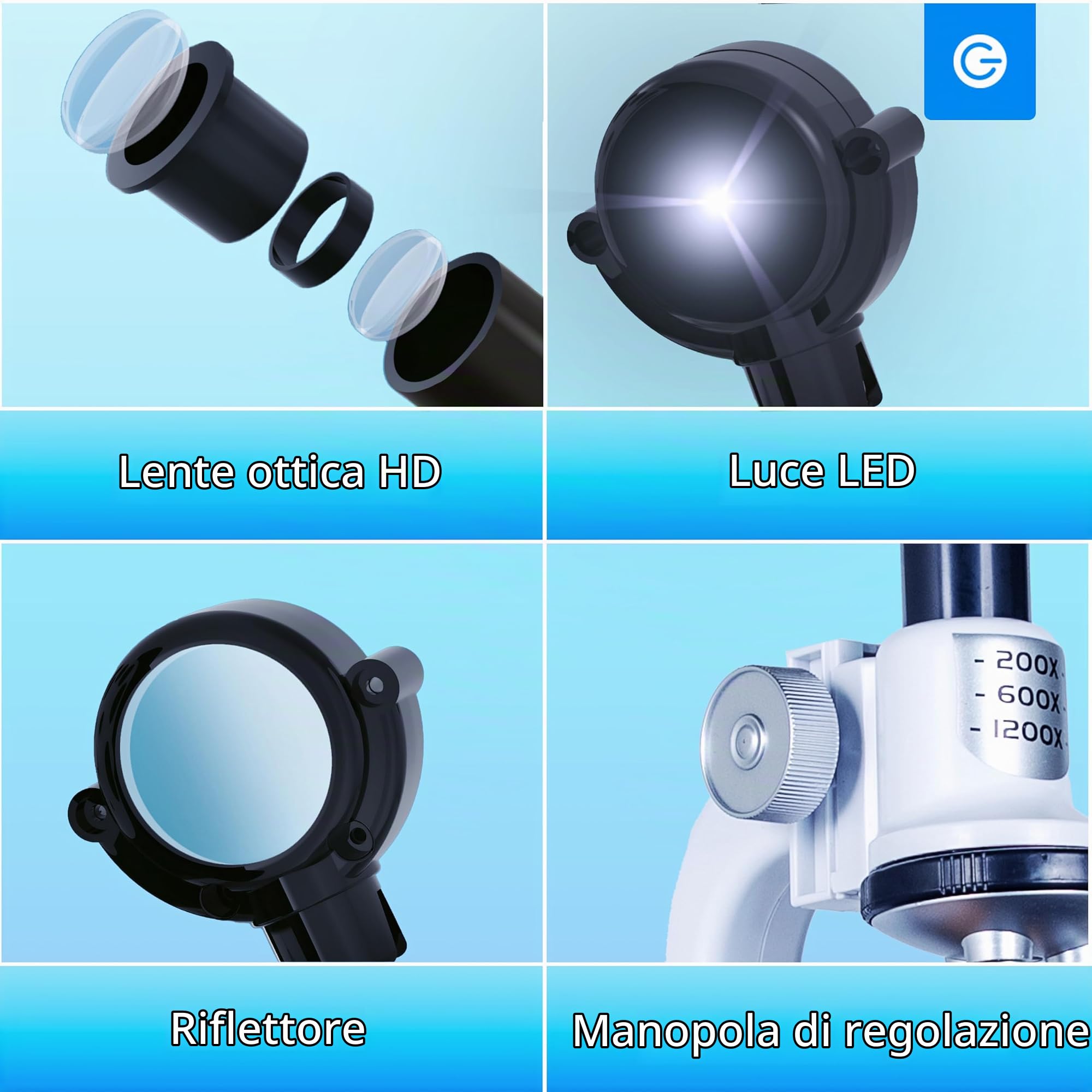 Silvergear® Microscopio Bambino | Imposta Debuttanti | Gioco Educativo | Grossissement di 200x, 600x e 1200x | LED | Microscopio Professionale per Biologia | Inclus 29 Accessori | 14x8x22 cm | Bianco