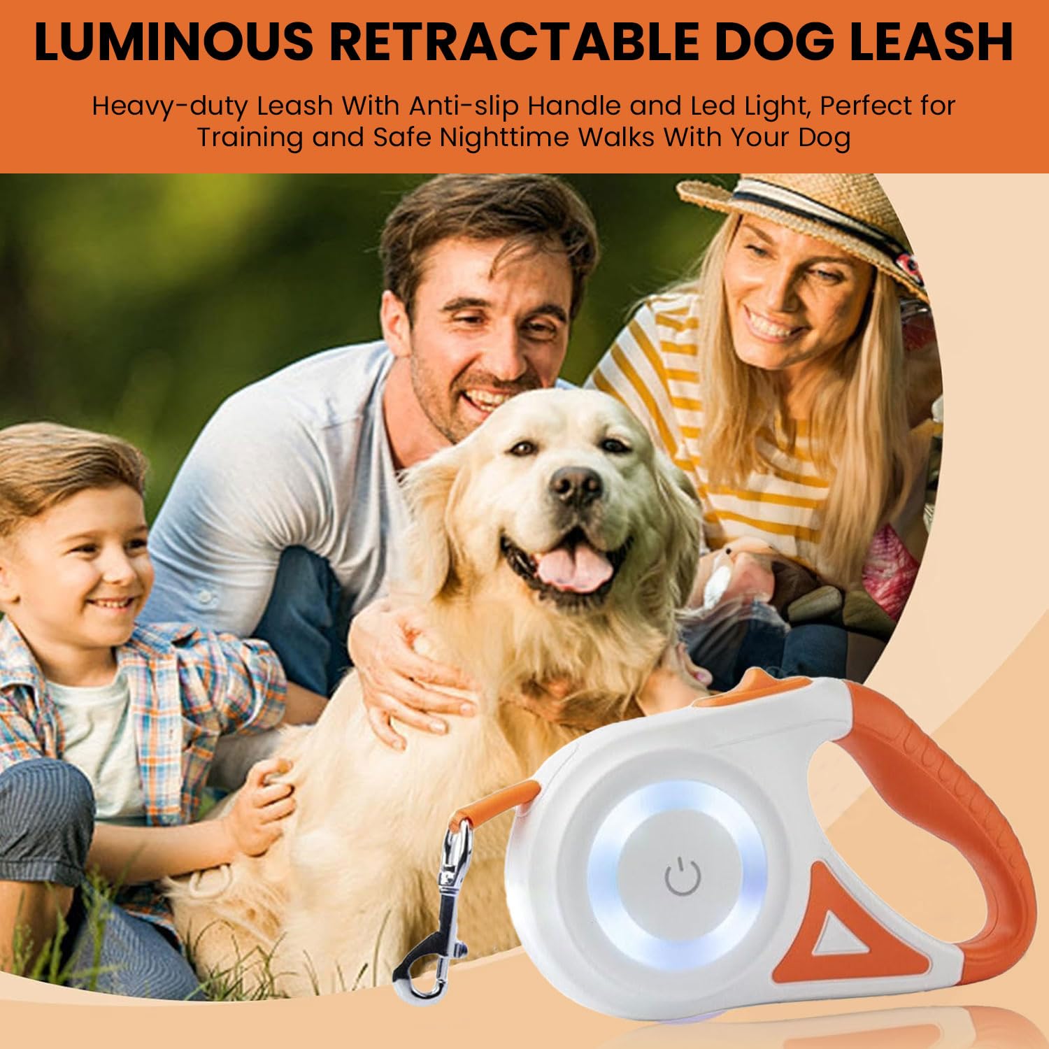 Correa retráctil automática para perro con linterna y luces LED de seguridad, color naranja