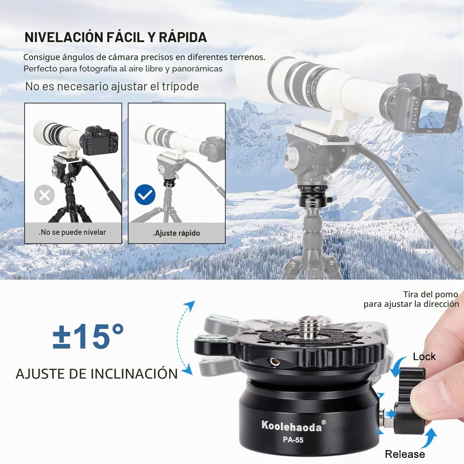 Koolehaoda PA-55 Nivelador de Cámara Base de Nivelación de Trípode, Inclinación de 15 °, con Rosca de 1/4" y Nivel de Burbuja Compensado para Canon, para cámaras Nikon y Cámara DSLR