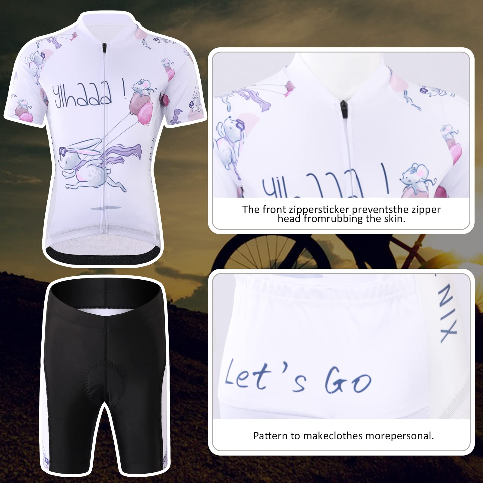 Set di maglia da ciclismo per bambini, da ciclismo, da ragazza, a maniche corte e pantaloncini corti con imbottitura