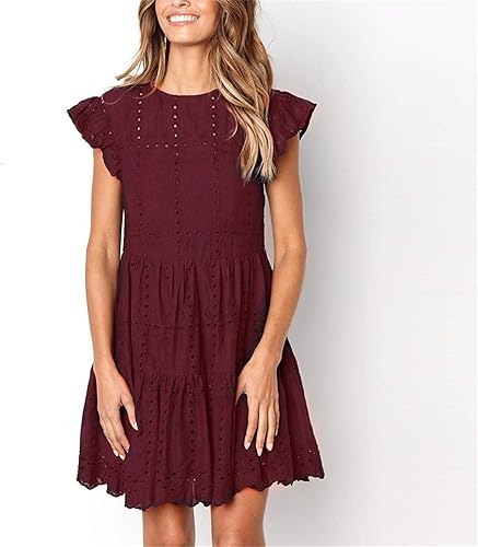 Vista 2 de Kkauae Vestido de moda para mujer, casual, con volantes, cuello redondo, fruncido, acampanado