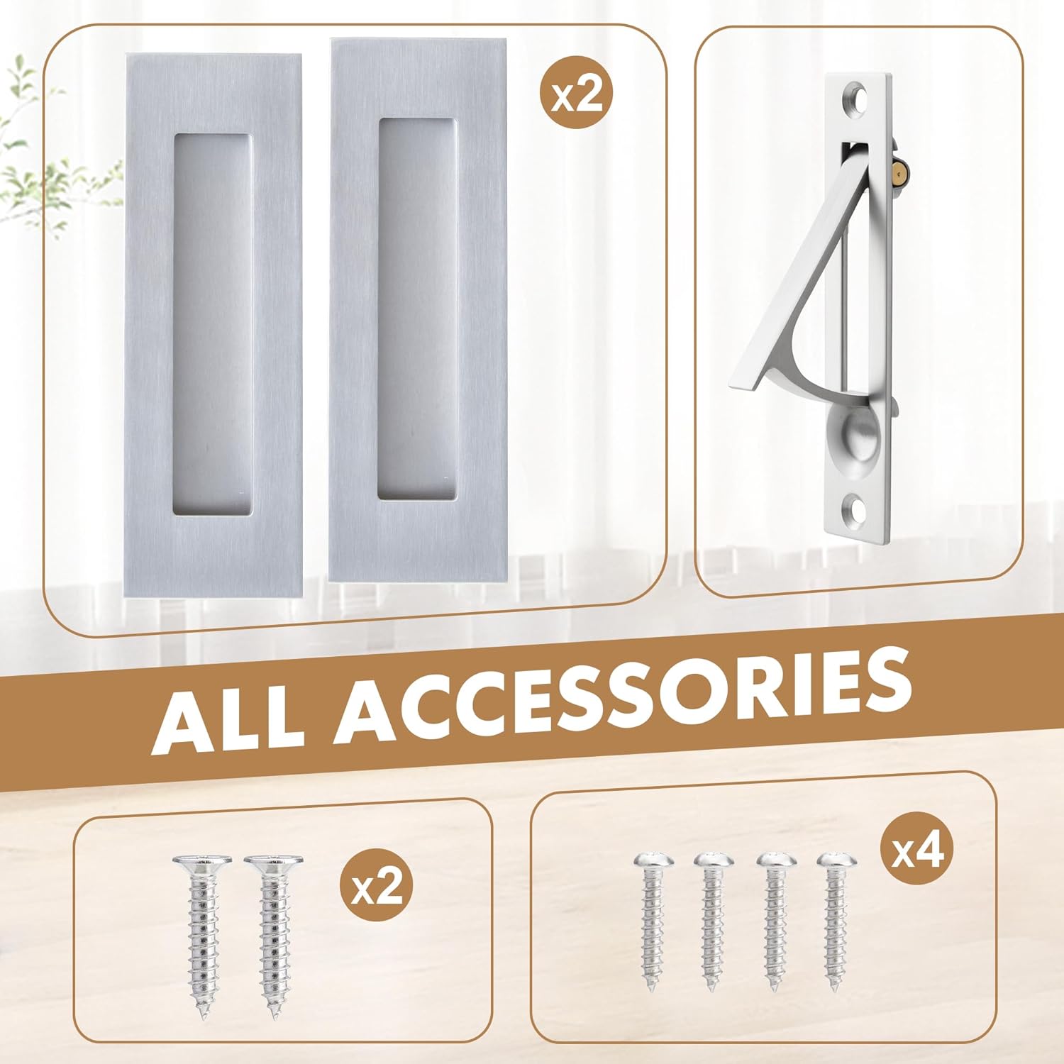 MaxxGeek Pocket Door Hardware Set – 2 Recessed Flush Finger Pulls & 1 Edge Pull, Made of 304 Stainless Steel, Template Included, Brushed Nickel