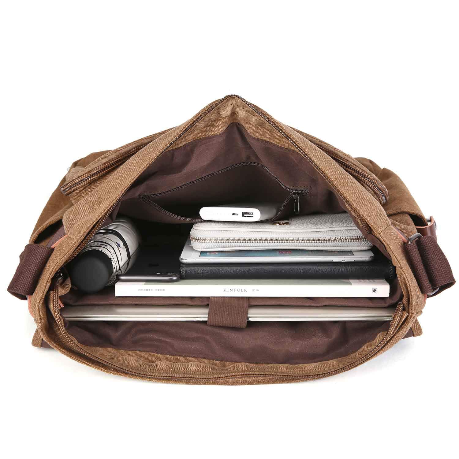 Neuleben Wasserdicht Laptoptasche für 17'' Laptop Vintage Schultertasche Umhängetasche Canvas Leder Herren Handtasche mit Handgriff verstellbarer Schultergurt