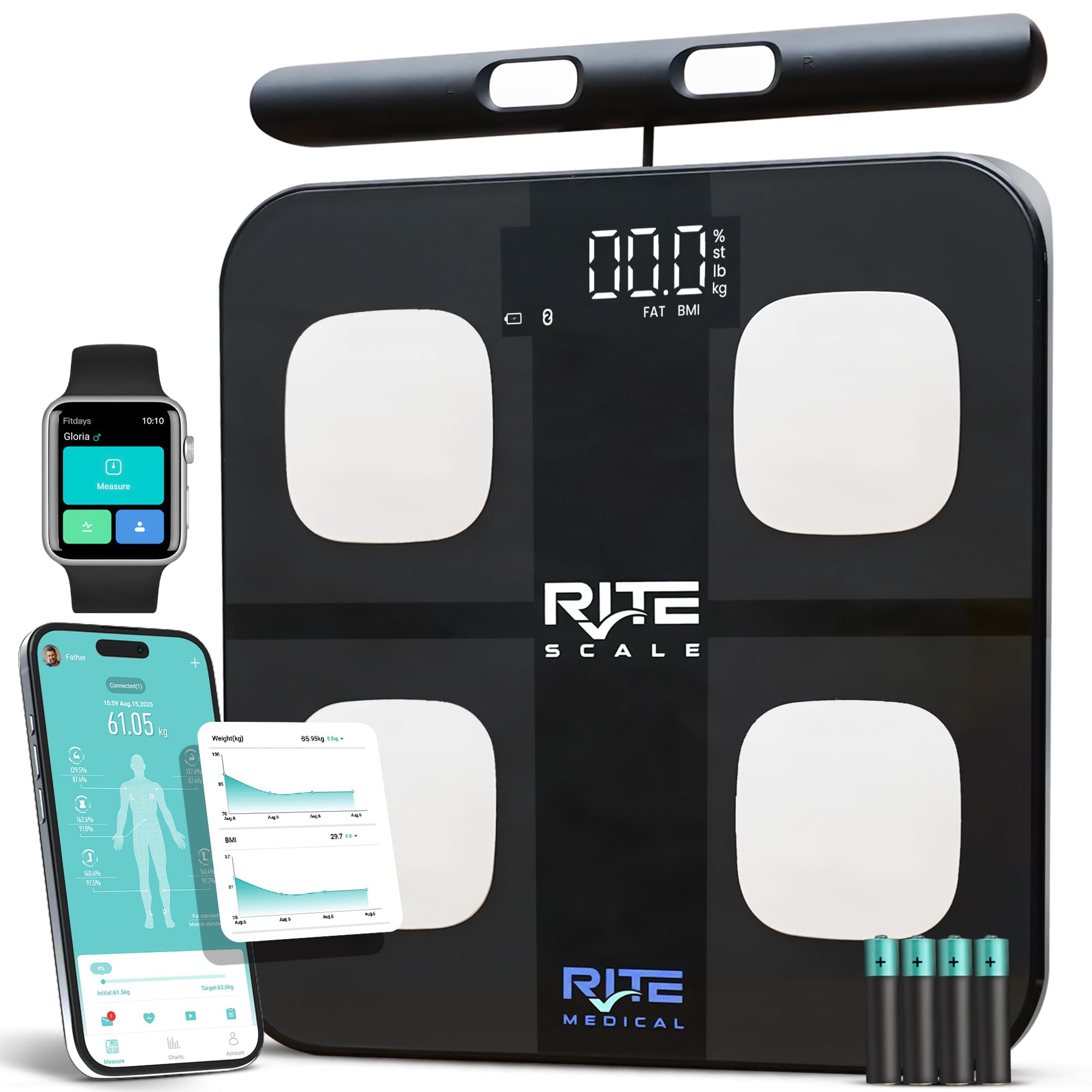 Bilancia intelligente a 8 elettrodi per peso corporeo con app mobile | Bilancia digitale | Tecnologia BIA per BMI, massa muscolare e altro | Connettività Bluetooth