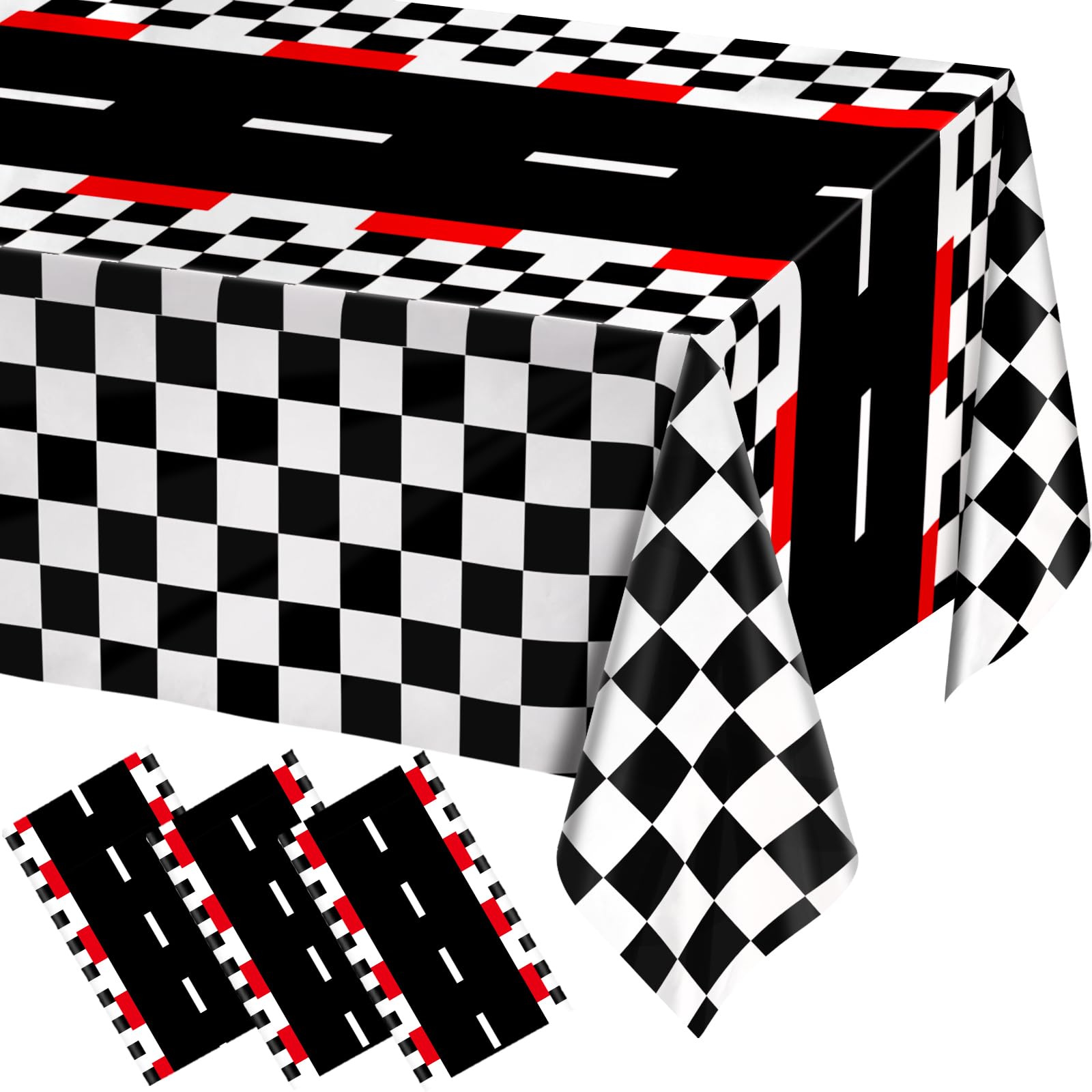 WNINK 3 PCS Racing Car Theme Tablecloths Car Disposable Plastic Tablecloths Black Checkered Flag Table Covers Racetrack Rectangular Tablecloth for Race Car Birthday Party Decorations, 54 x 108 Inch