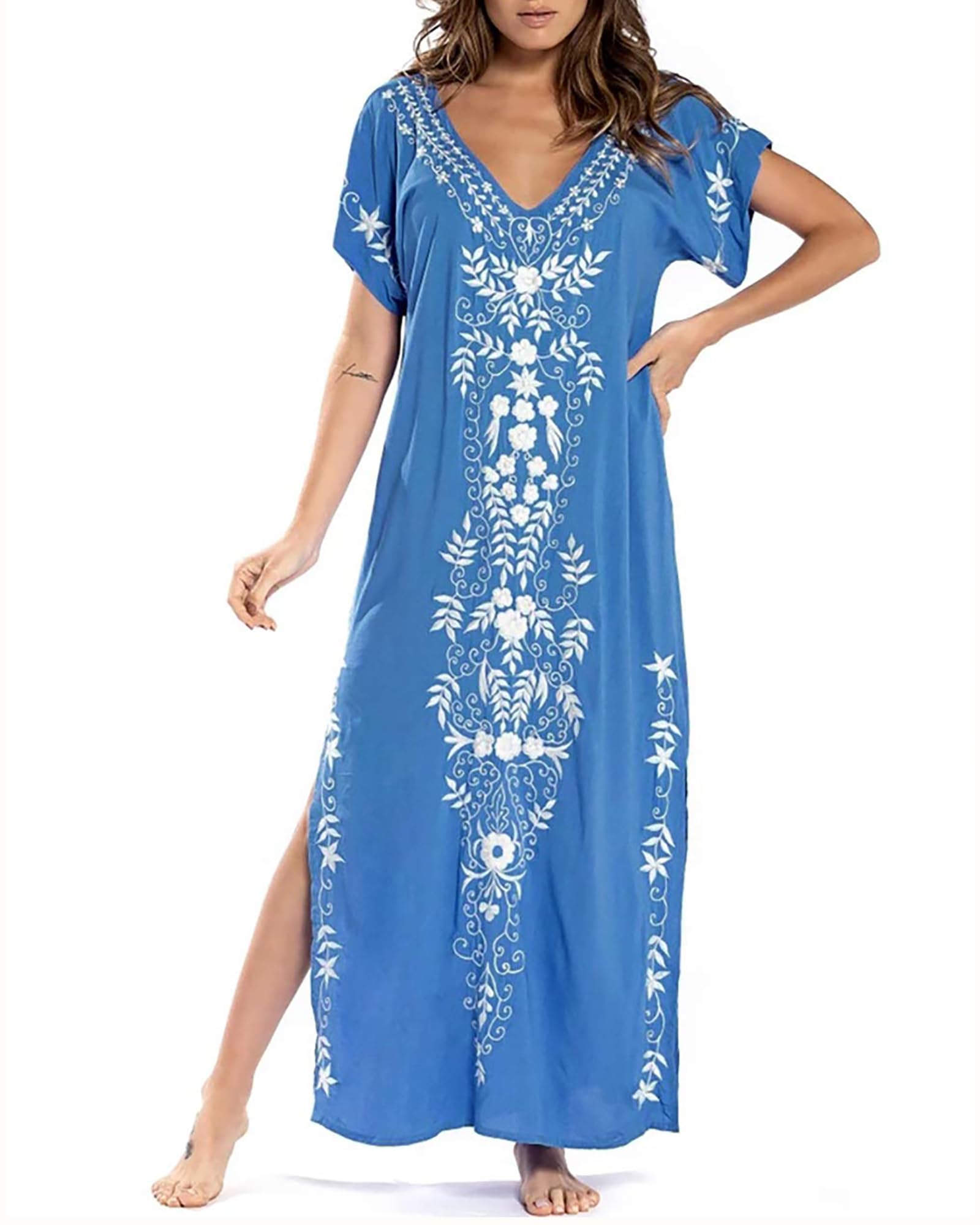 Women Embroidery Short Sleeve Bikini Swimsuit Cover Up Side Split Beach Kaftan Dress
