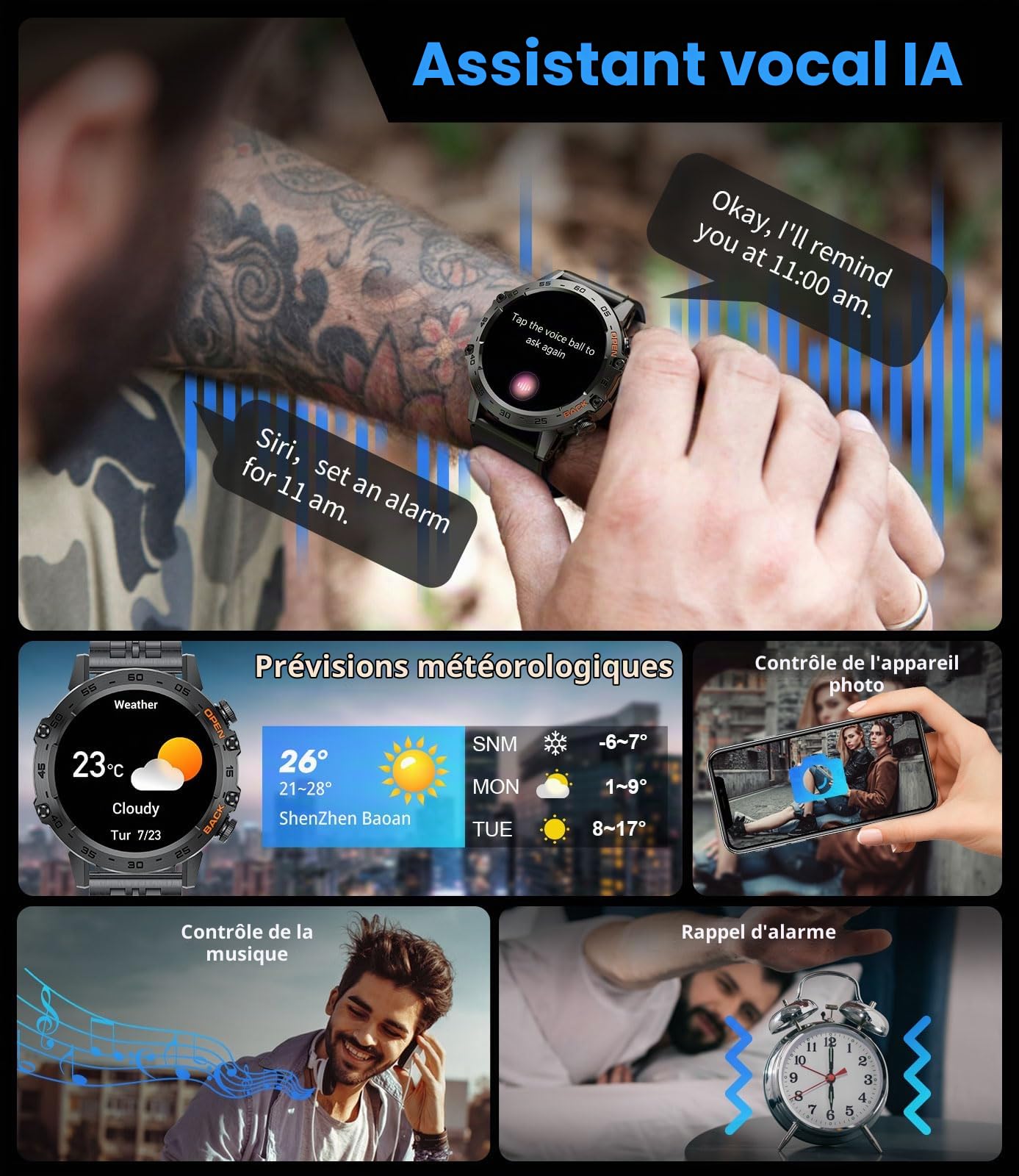 FOXBOX Montre Connectée Homme, 1.39" Militaire Smart Watch, Noir | 300+ Cadran, SpO2, Moniteur de Sommeil, 24H Fréquence Cardiaque, Appel Bluetooth, 100+ Sportmodi, Étanche IP67