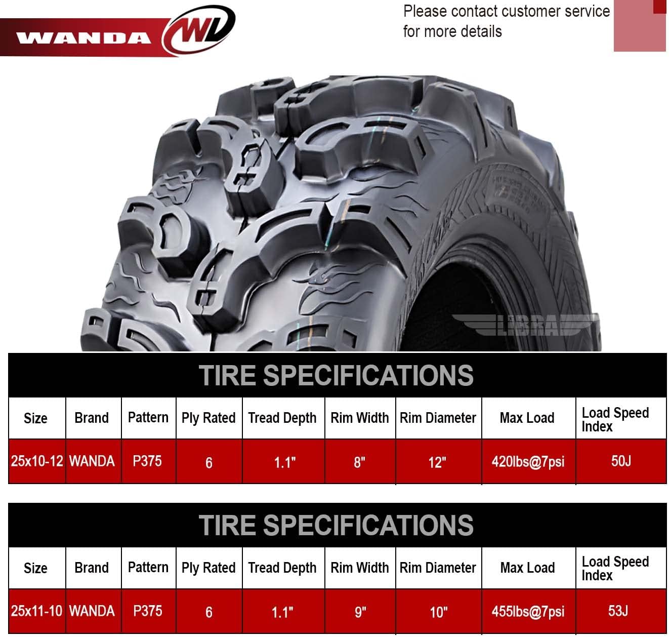 WANDA Set 6 ATV UTV Tires (2) 25x10-12 Front & (4) 25x11-10 Rear Super Lug Mud