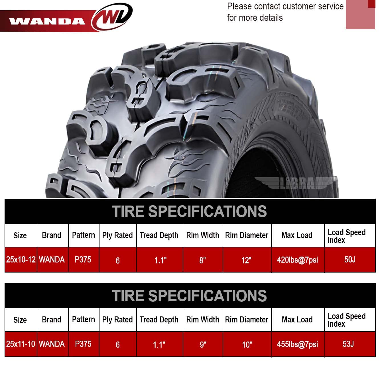 WANDA Set Of 4 ATV Tires - 25x10-12 Front & 25x11-12 Rear For Polaris Ranger 800 (2010-2013) - View #2