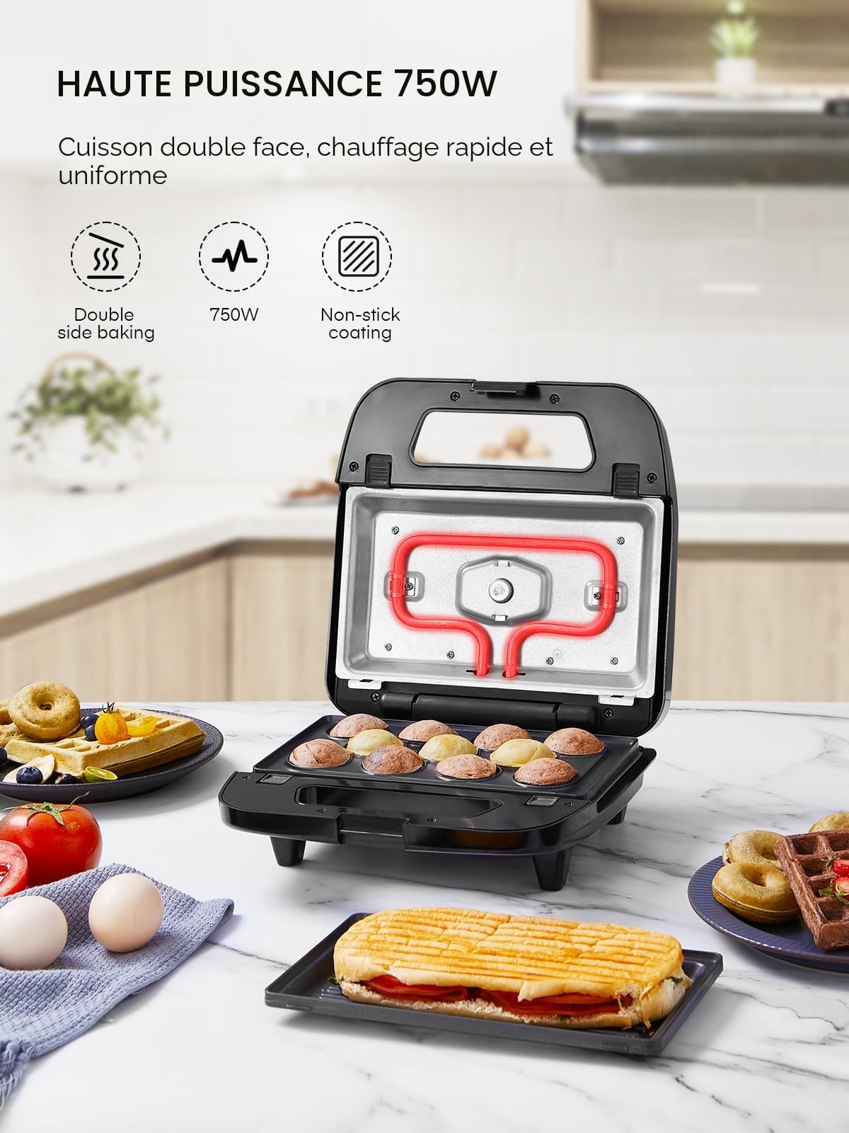 Gaufrier 6 en 1, Appareil Croque Monsieur, 750W Multifonctions Machine Électrique, 6 Plaques Antiadhésives et Détachables, Cuisson Double Face,Thermostat Automatique