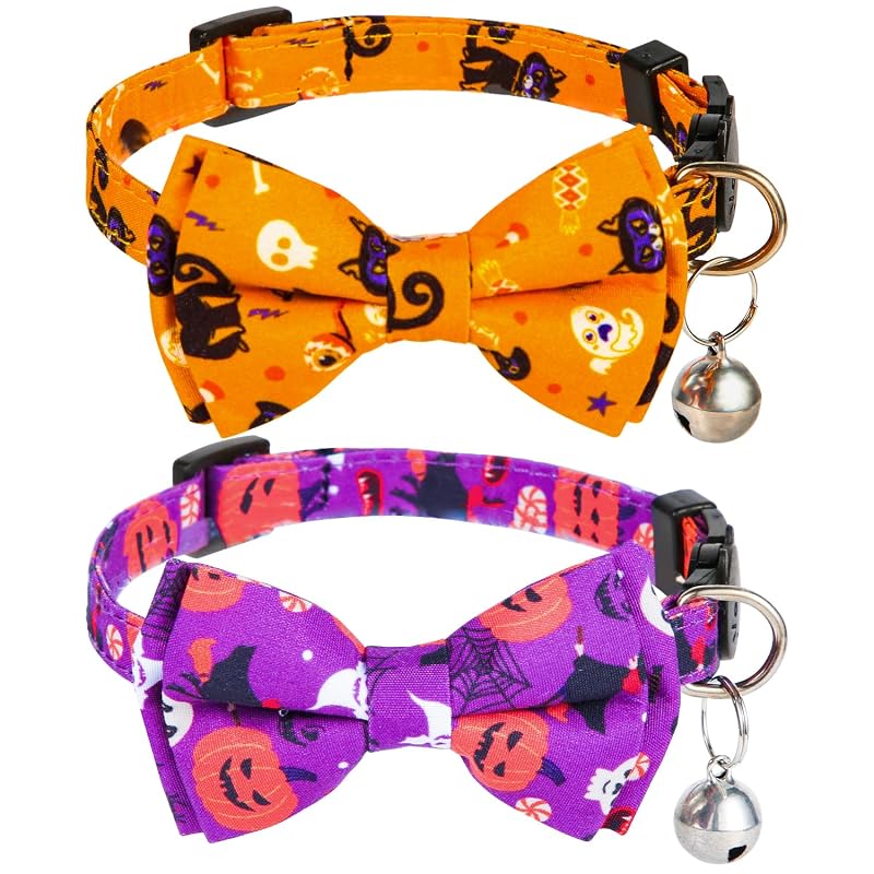 Coleira para Gatos de Halloween em Algodão com Sino e Laços LUTER, Pacote com 2