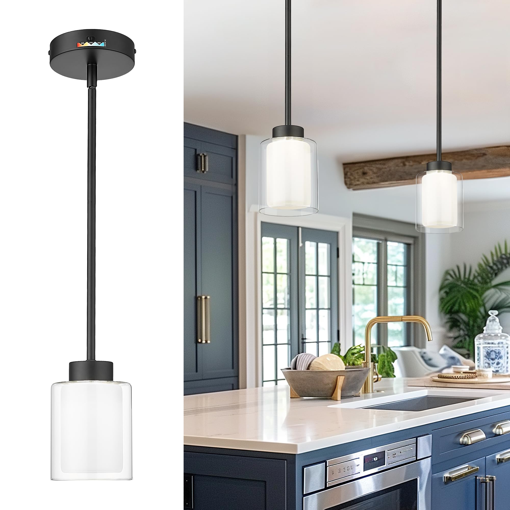 kudos Pendant Light Fixtures,Black Pendant Light,Modern Led Pendant Light with Clear Glass and Milk Glass,Hanging Pendant Light for Kitchen Island,Dining Room,3000K/4000K/5000K Adjustable,KDPL06-BK