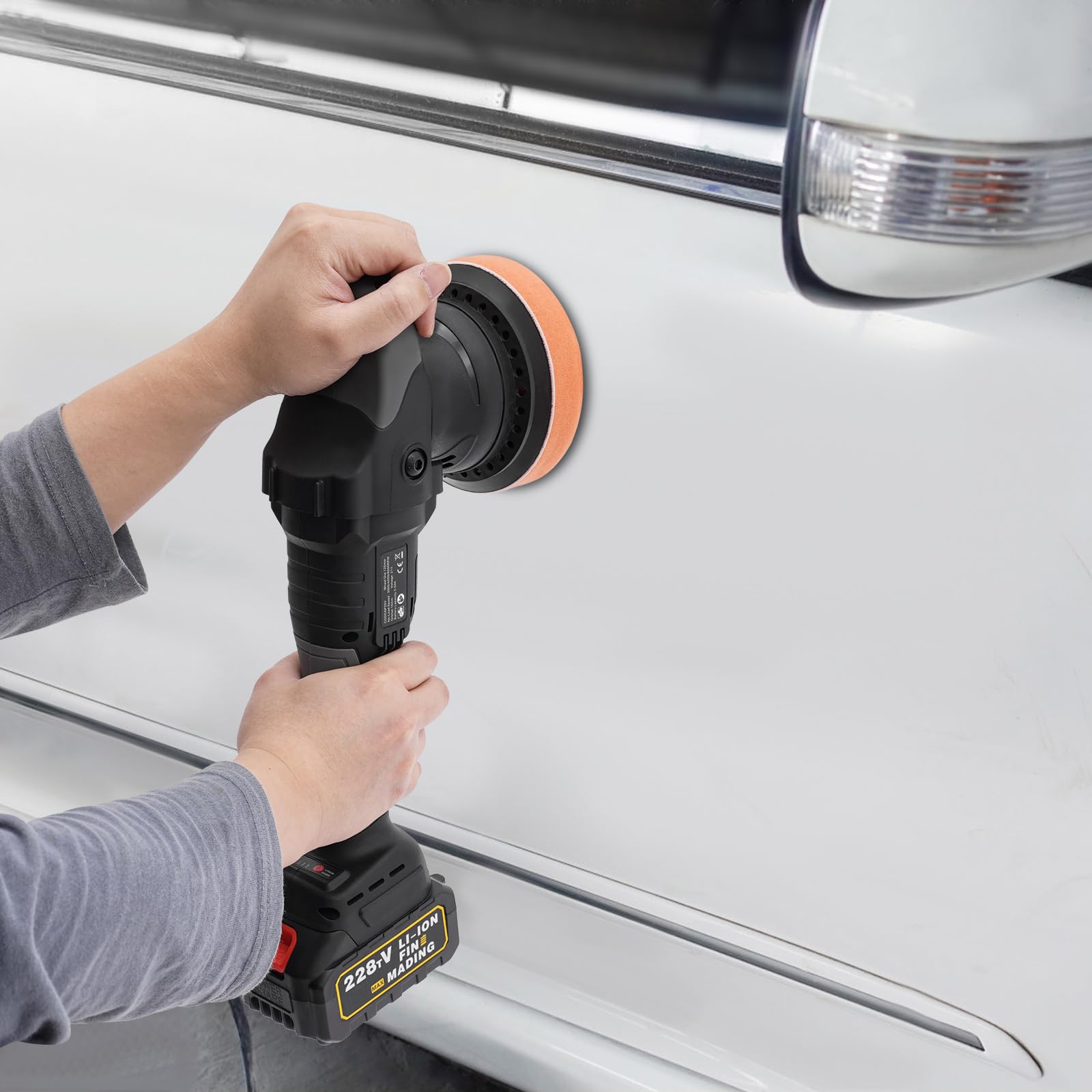 Eccentric Poliermaschine mit Lithium Batterie und Bürstenlosem Motor für Autopflege 55 Minuten Arbeitszeit 3 Gänge Geschwindigkeitsregelung 2 Akkus Polierschwämme und Poliertücher im Set