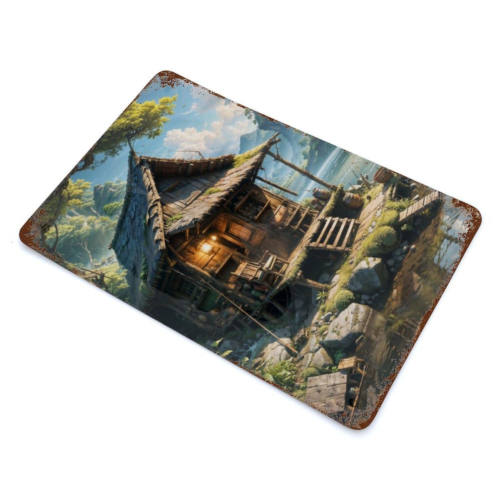 Aged Metal Wall Plaque with Fantasy Enchanted Cabin Design 11.8"x7.9", for Cafe, Home Bar And Lounge Decor, Novelty Wall Decor