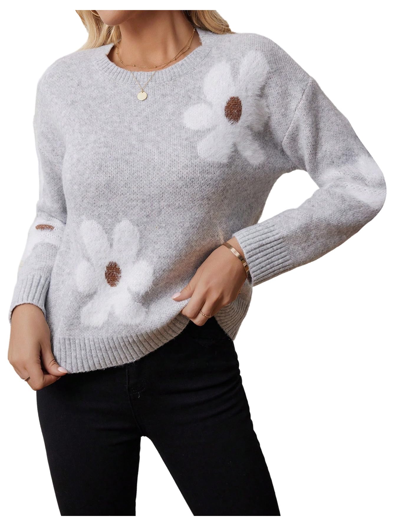 MakeMeChic Womens Winter Floral Sweater Long Sleeve Rib Knitted Crew Neck Pullovers