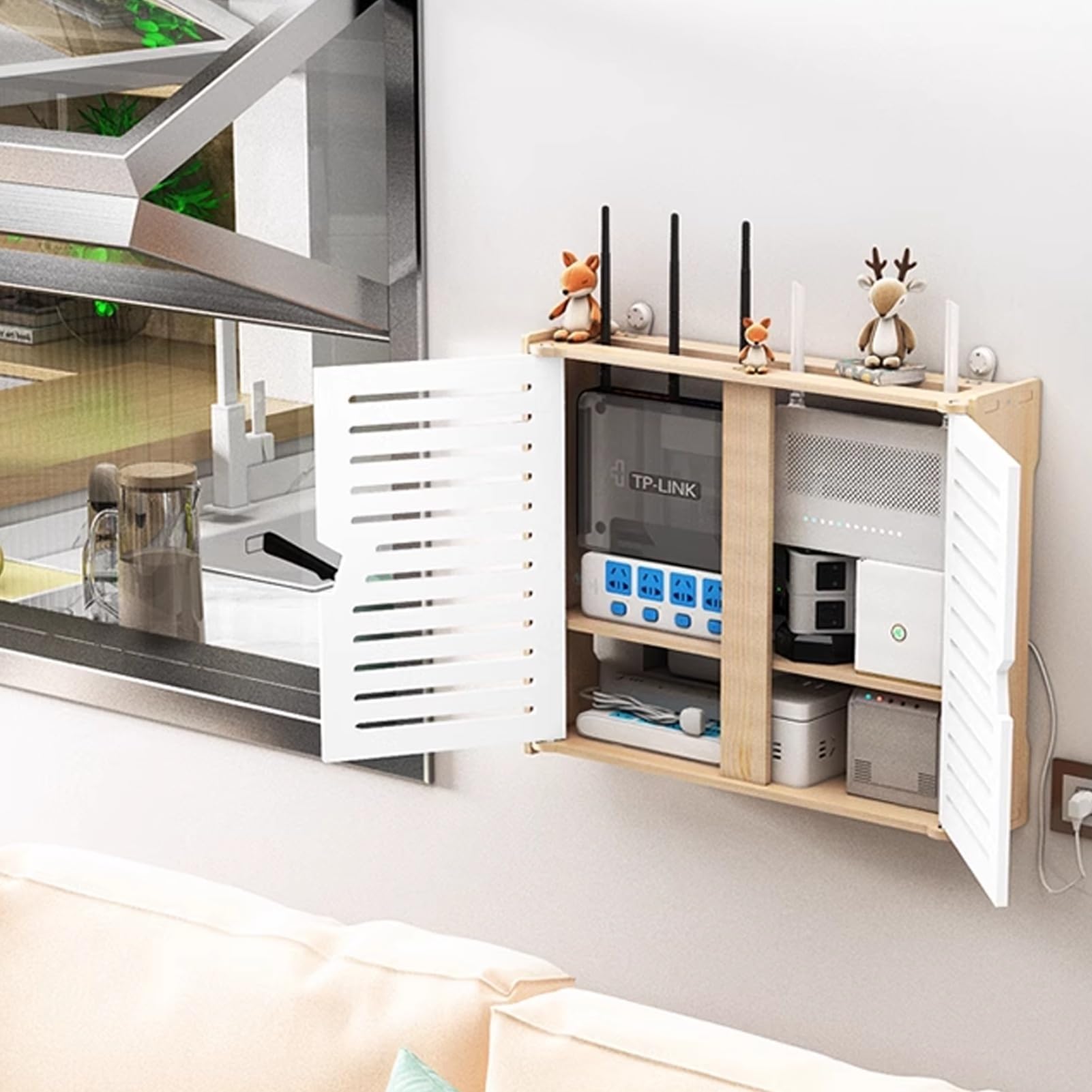 2-stufige WLAN Router Versteckbox für Steckdosenleiste, Kabelmanagement dekoratives Wand montiertes Heimmedien Aufbewahrungsregal, Holz(47x10x43cm)