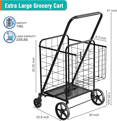 Miniatura 3 de Yenntrss Carrito de compras plegable para comestibles, carrito de comestibles grande de 220 libras con forro Oxford impermeable extraíble, ruedas
