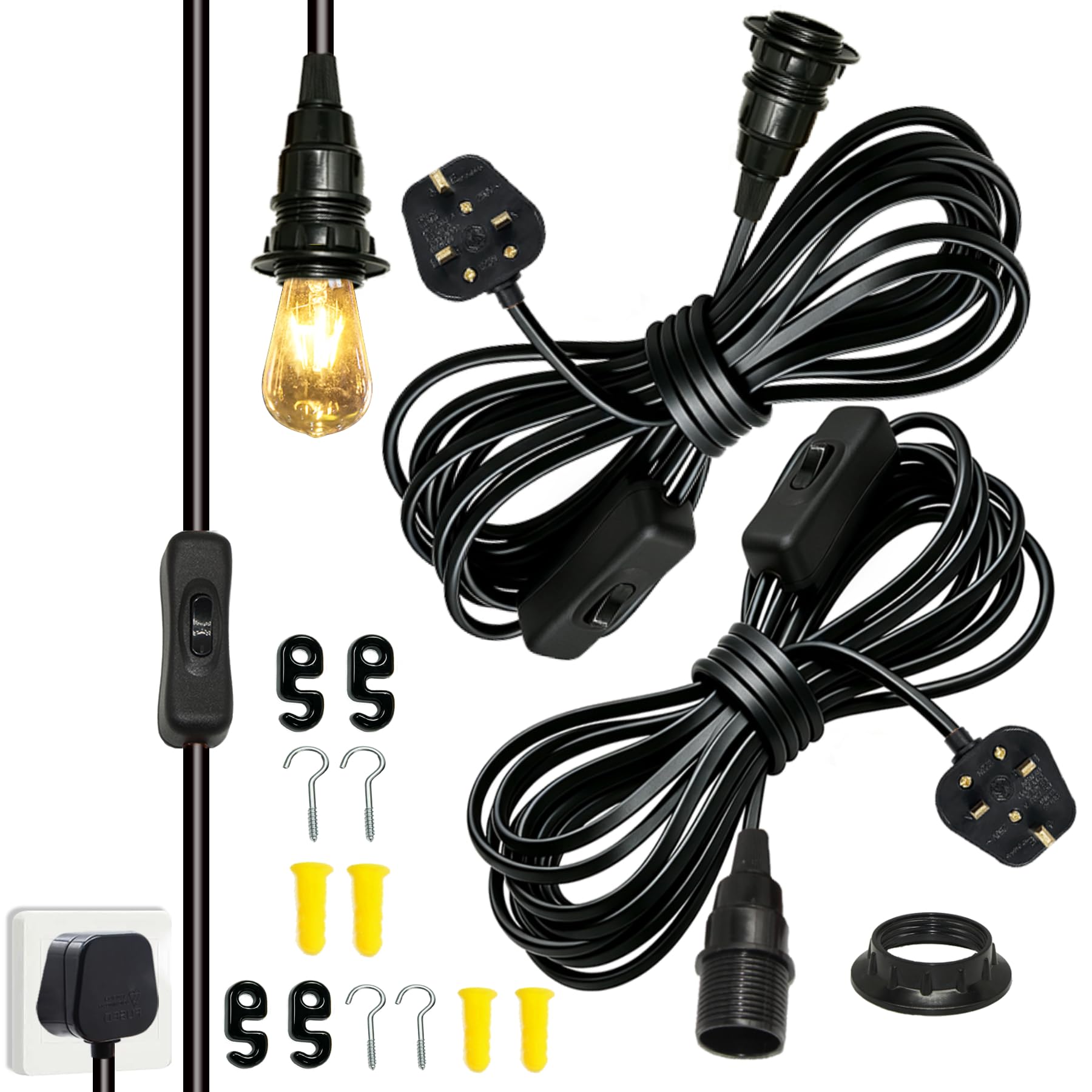 E14 Pendant Light Fitting with On/Off Switch and UK Plug, 2PCS Plug in Ceiling Light Fixture 4.5M, Hanging Lights with Leather Lamp Cable, DIY Lampshade, Plug in Pendant Lighting for Garage Loft