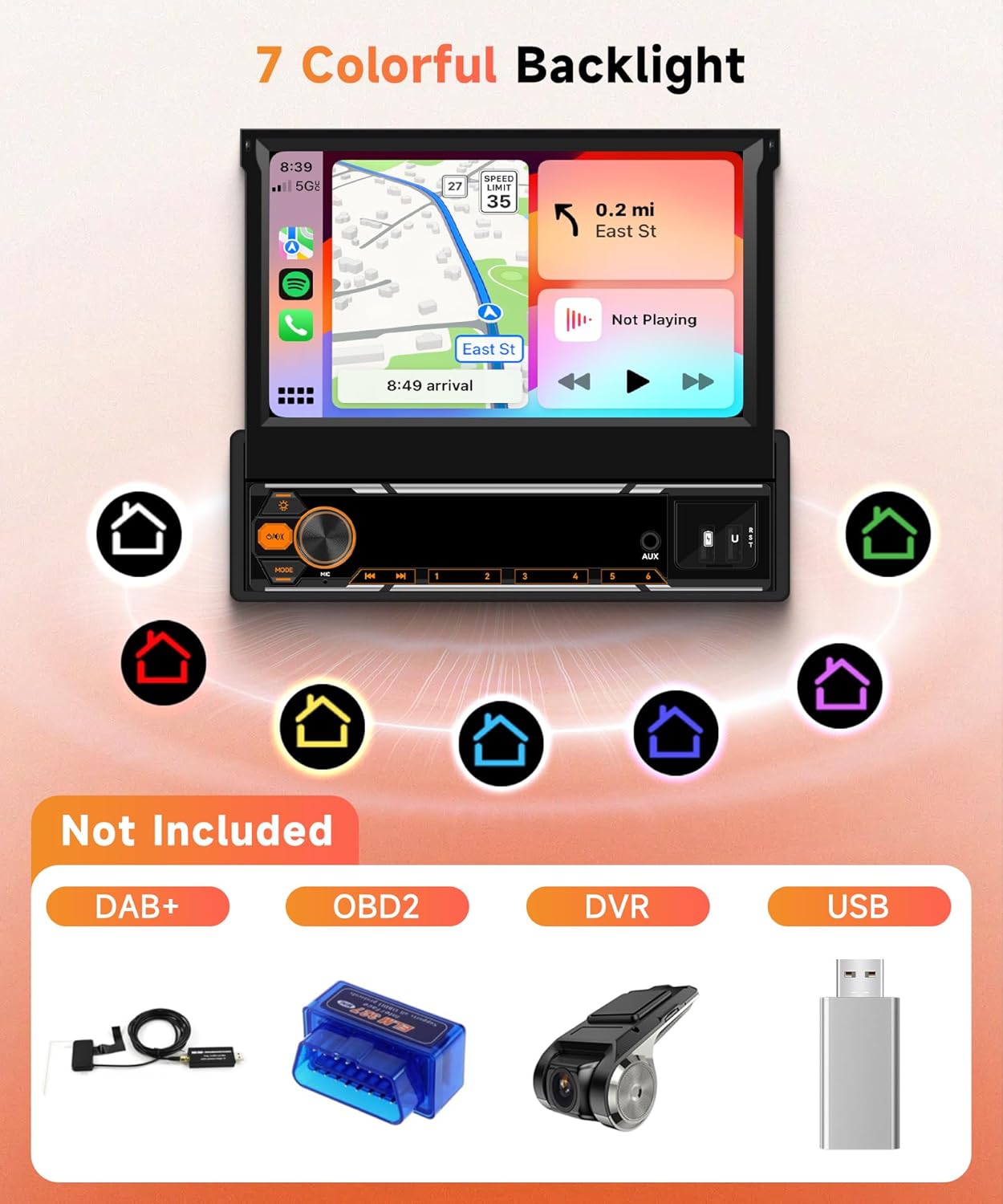 Image showing the car radio display with a navigation map and seven colored house icons representing different backlight options. Below, it lists optional accessories not included: DAB+, OBD2, DVR, USB.