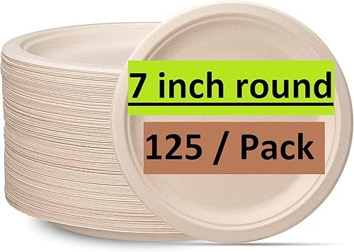 Platos biodegradables 100 % compostables, naturales, ecológicos, desechables, platos de postre para fiestas, 125 por paquete (7 pulgadas)