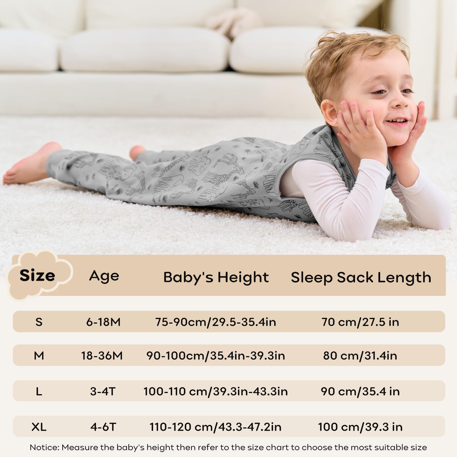 Unnivoll Sacco nanna con piedi, 0,5 Tog, sacco nanna estivo per bambini, in cotone, con gambe, morbido, 100 cm, per ragazzi e ragazze, beige, grigio, elefanti