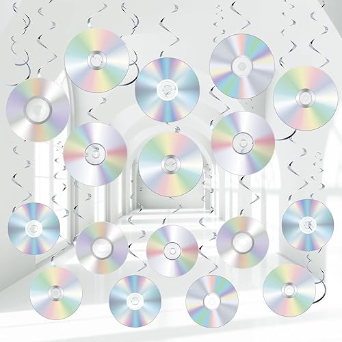 Miniatura 1 de Pajean Decoraciones de fiesta de los años 90, remolinos de CD, decoraciones colgantes retro de los años 80 y 90 con temática musical para techo,