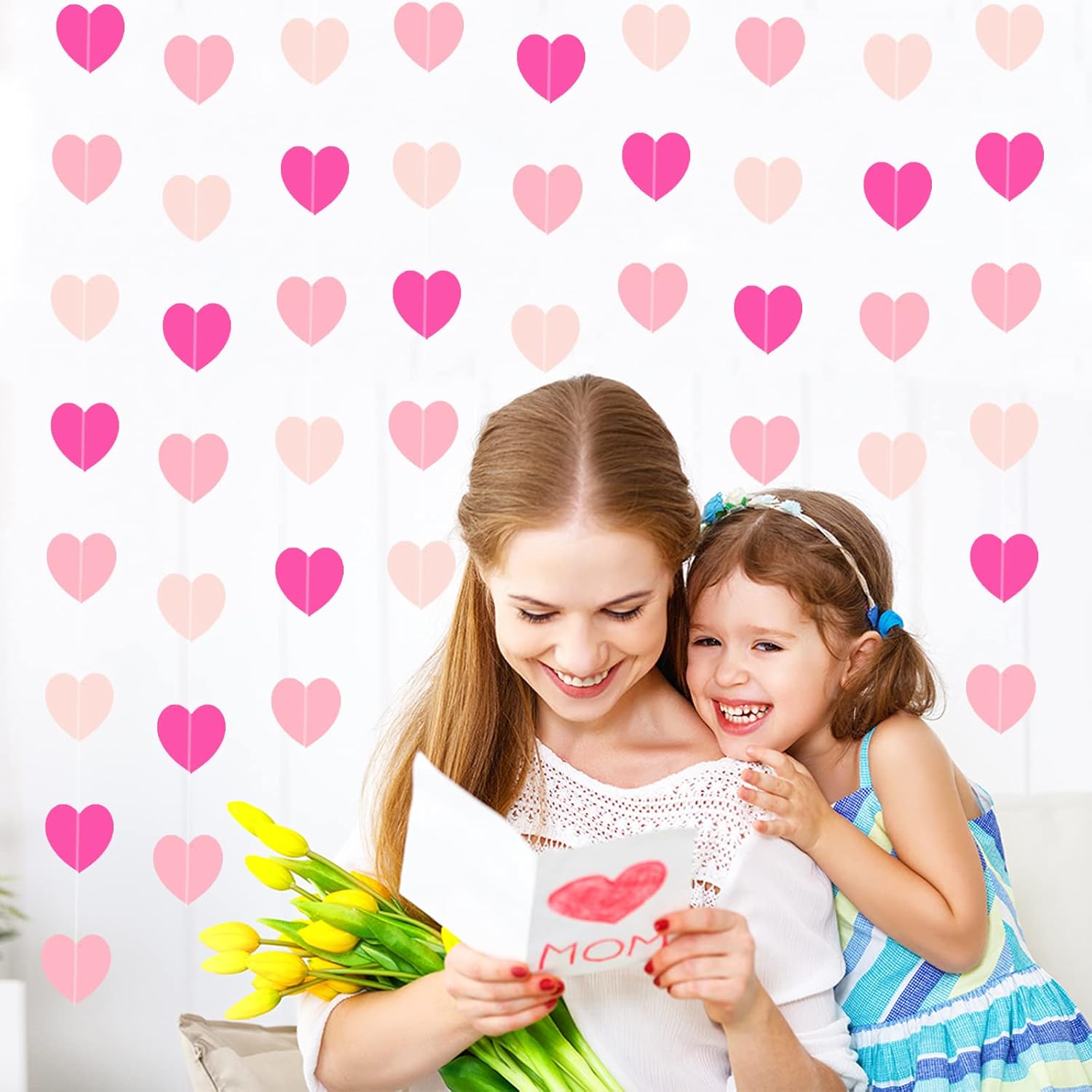 Zwiebeco 52Ft Pink Hearts Garland Bunting Banner Hanging Paper Streamer for Baby Shower Birthday Engagement Wedding Bridal Hen Bachelorette Party Kids Room Home Decorations - Image 4