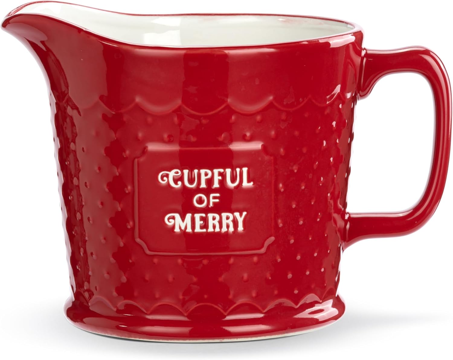 DEMDACO Baking Holiday Memories Rosy Red, White 32 Ounce, 6 x 5 Inch Ceramic Stoneware Festive Christmas Kitchen Countertop Accessory Décor, Polka Dots, Pouring Measuring Cup, Cupful of Merry