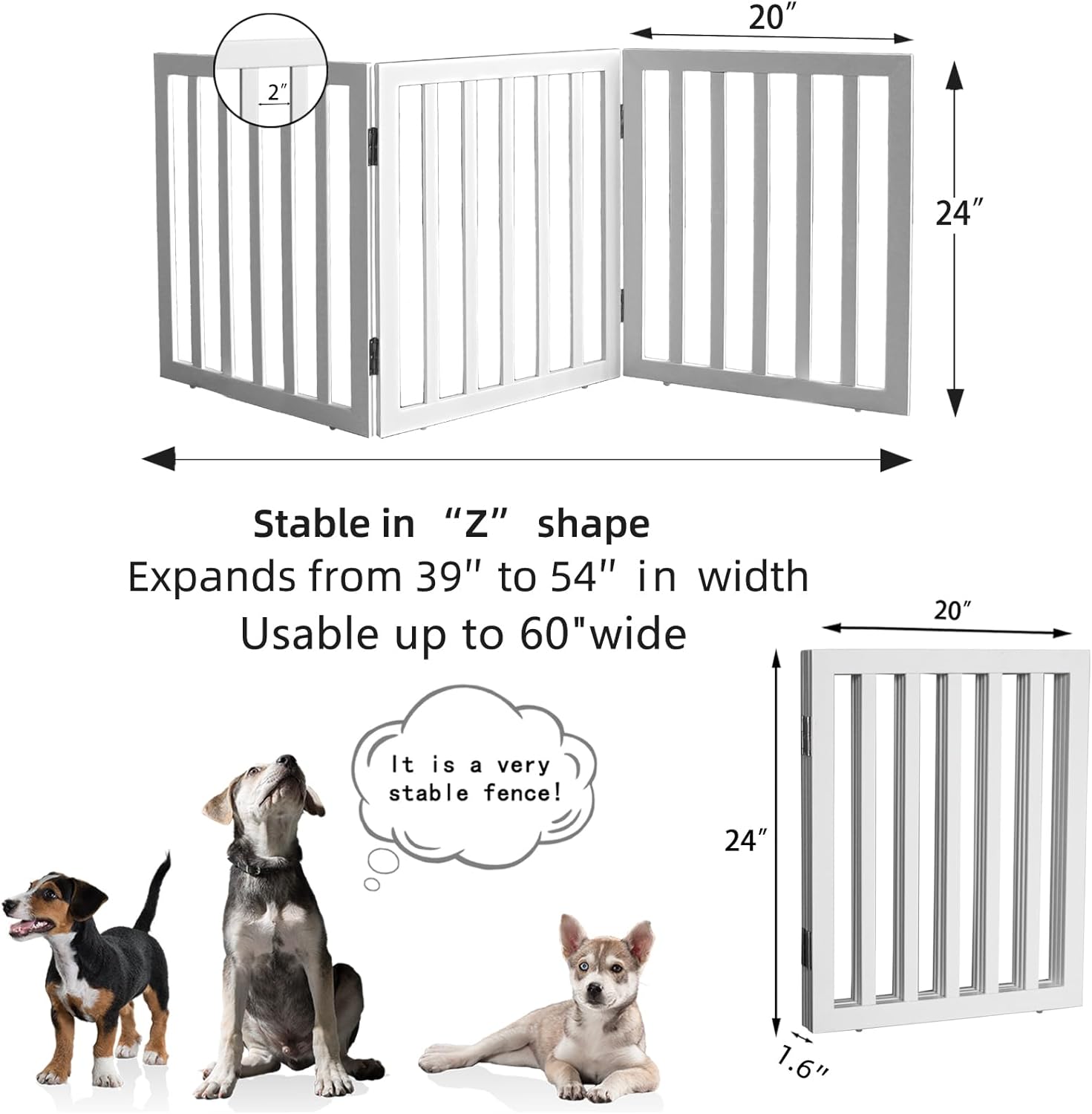 ZJSF Freestanding Indoor Dog Gate for House Foldable Wood White Puppy Gate for Doorways Pet Gate for Stairs Extra Wide Pet Fence 24 Height 3 Panels