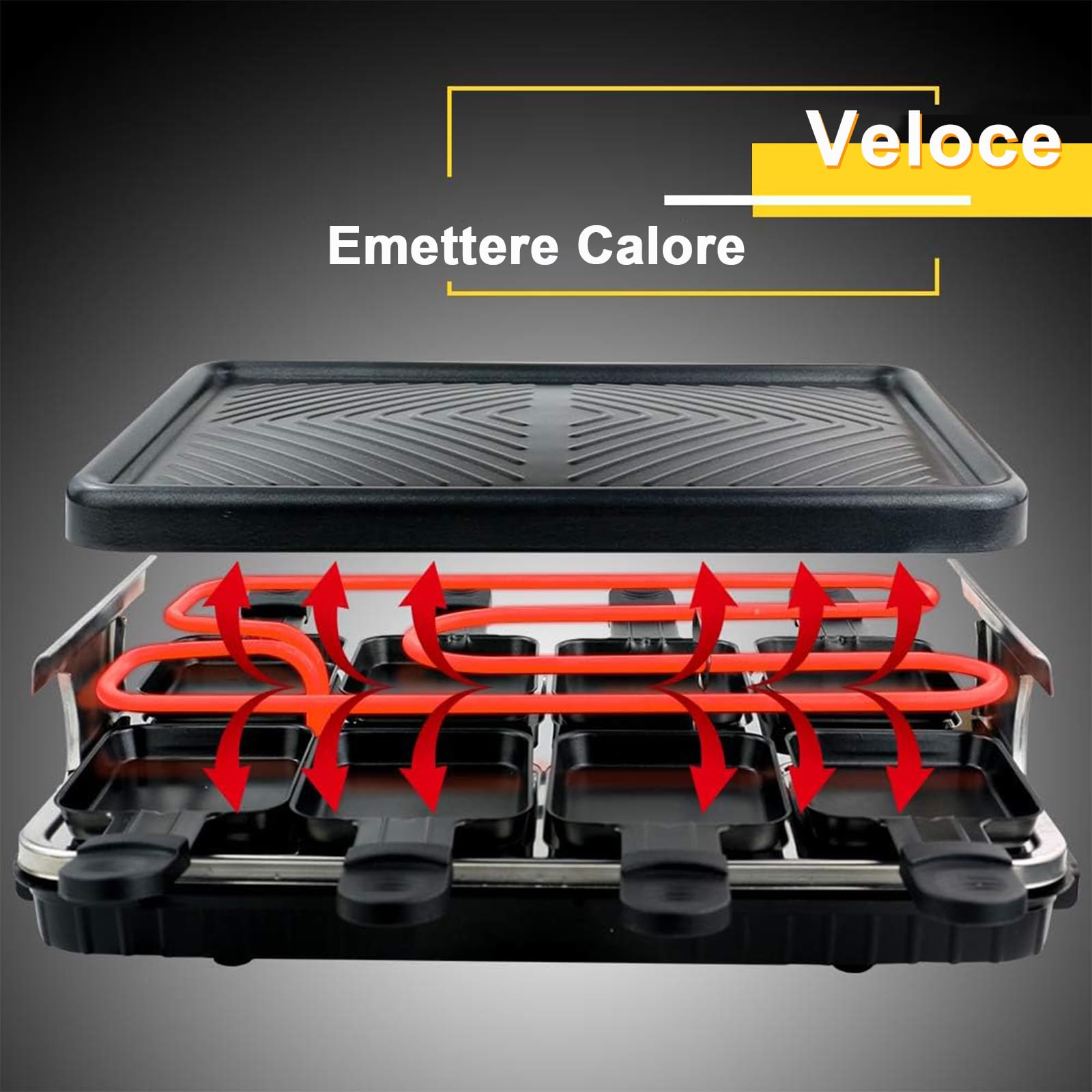 HengBO Raclette Grill per 8 Persone Piastra Griglia Elettrica per Cucinare Teppanyaki da Tavolo Barbecue con 8 Mini Padelle di Cottura e 4 Spatole in Legno Pasqua 1300W