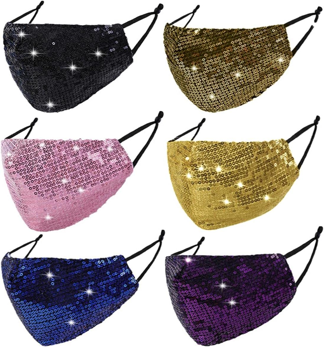 6 Pcs Washable Glitter Bling Women Face Mask. Breathable Reusable Adjustable Fashion Masquerade Facemasks With Pocket.