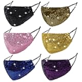 6 Pcs Washable Glitter Bling Women Face Mask. Breathable Reusable Adjustable Fashion Masquerade Facemasks With Pocket.
