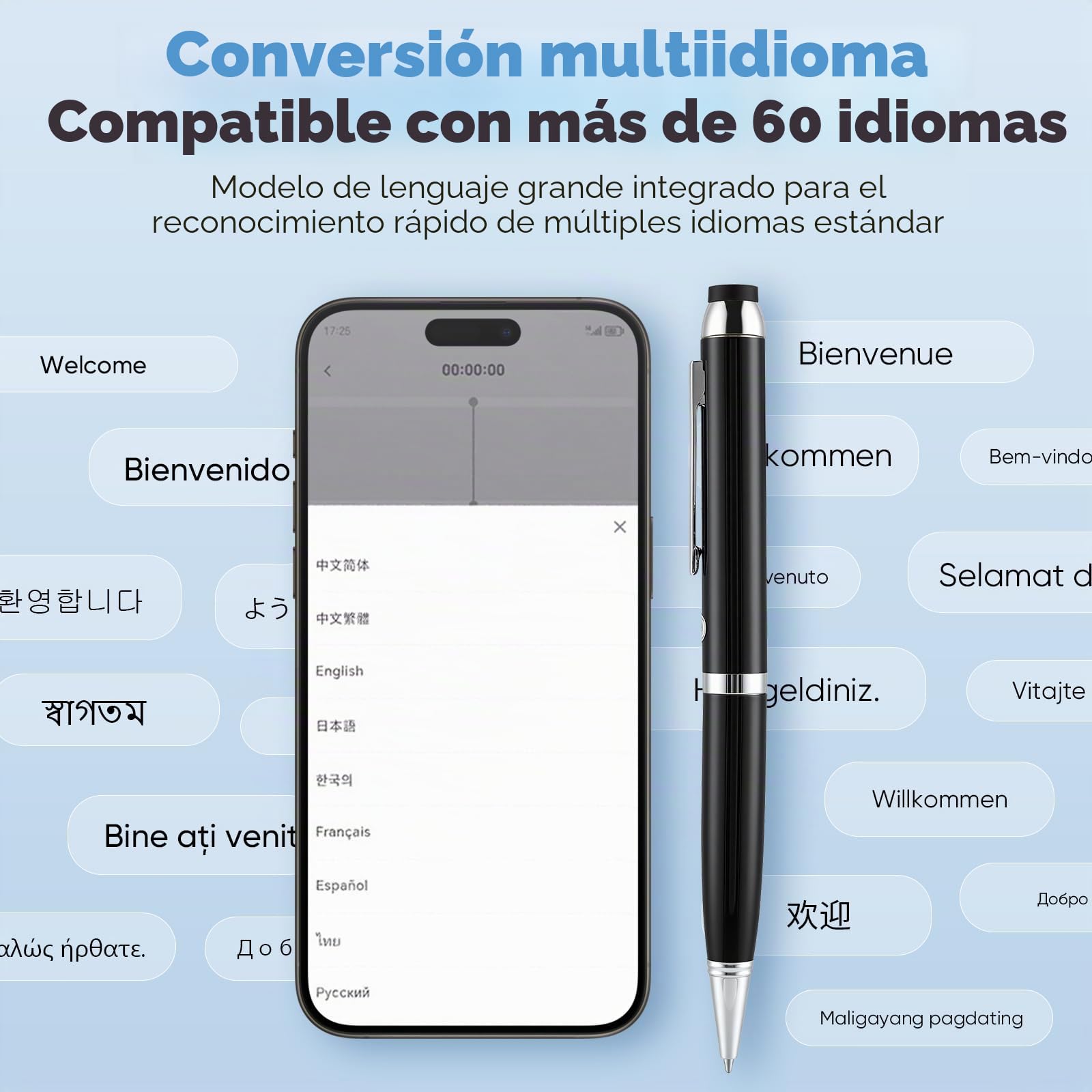 Grabadora de voz con transcripción en tiempo real y traducción - Lápiz de grabación de voz con micrófono de 360°, batería de 10h, 64 GB + nube, control de aplicación, un toque para reuniones