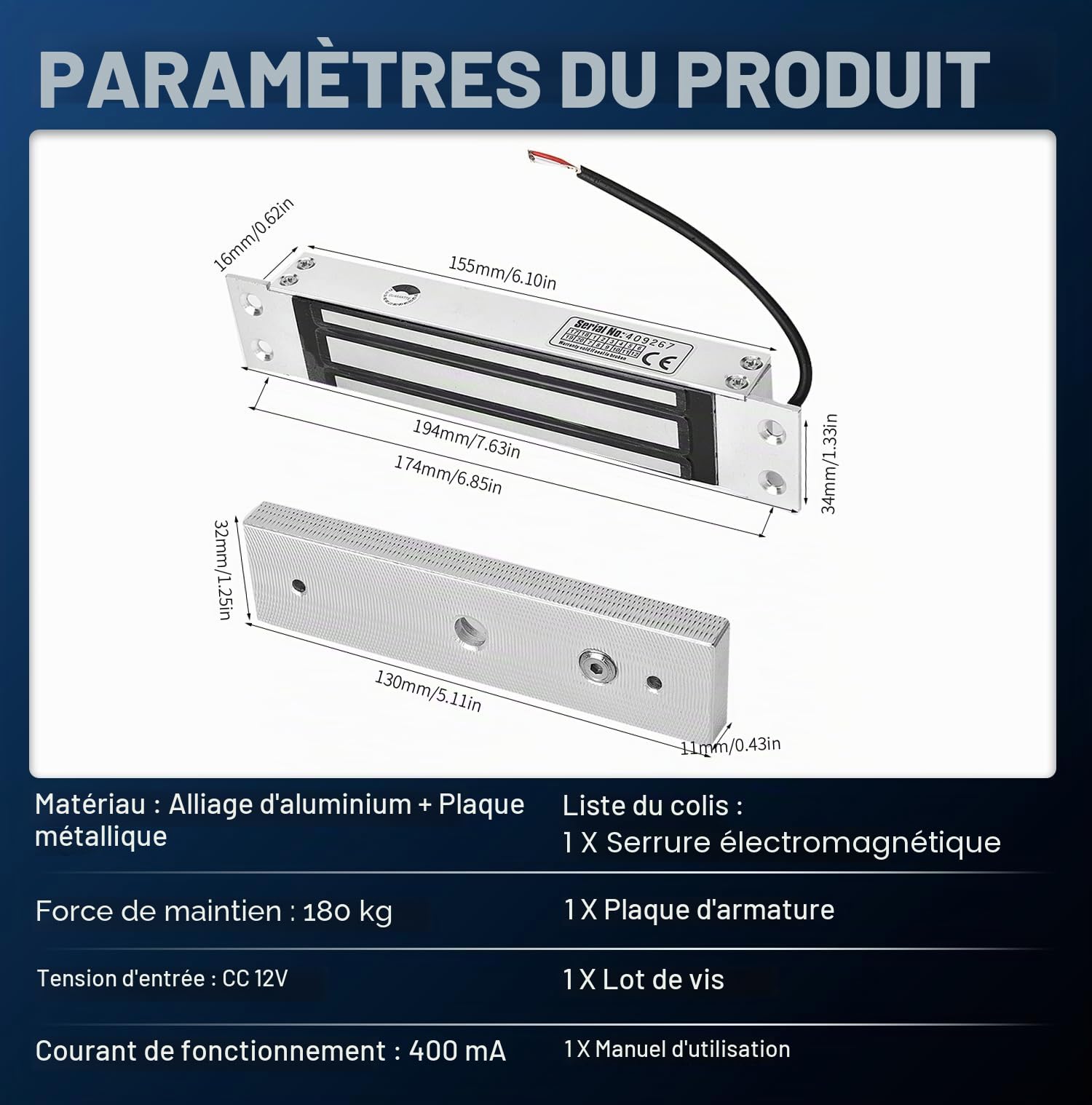 VOBOR Serrure Electrique Magnétique, 180 kg DC 12V Ventouse Electromagnetique Serrure Electrique, Verrouillage de Porte Magnétique pour Système de Contrôle D'accès de Porte