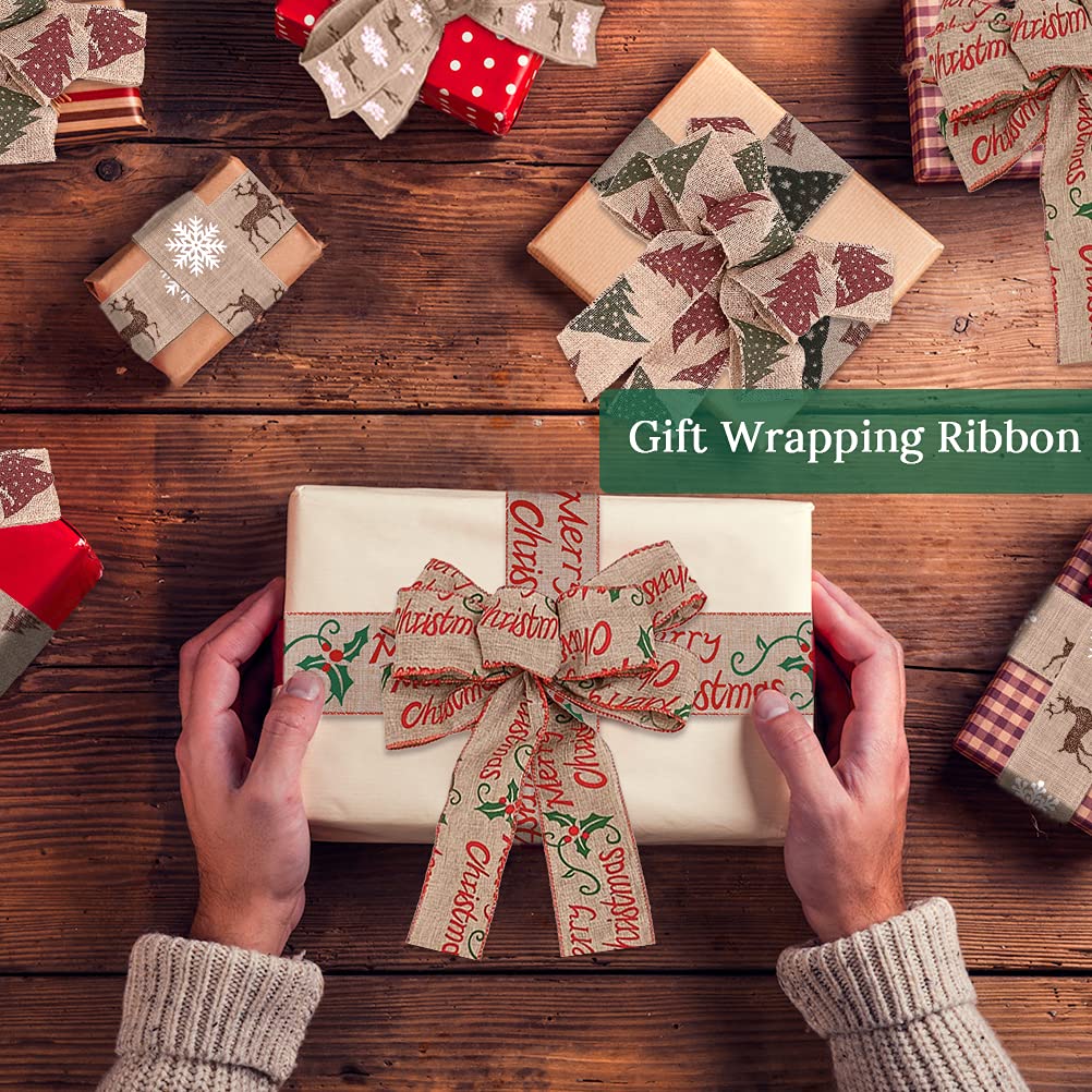 Ruban En Toile De Jute De Noël Flocon De Neige Élans Père Noël Arbre De Noël Ruban Décoratif Bricolage Emballage Cadeau Ruban Décoratif